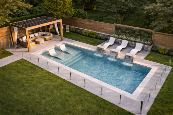 installation de piscine creusée en fibre de verre et aménagement paysager complet